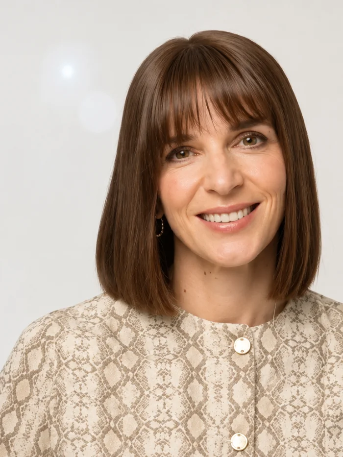 HEADS client wearing a brunette bob wig with a fringe