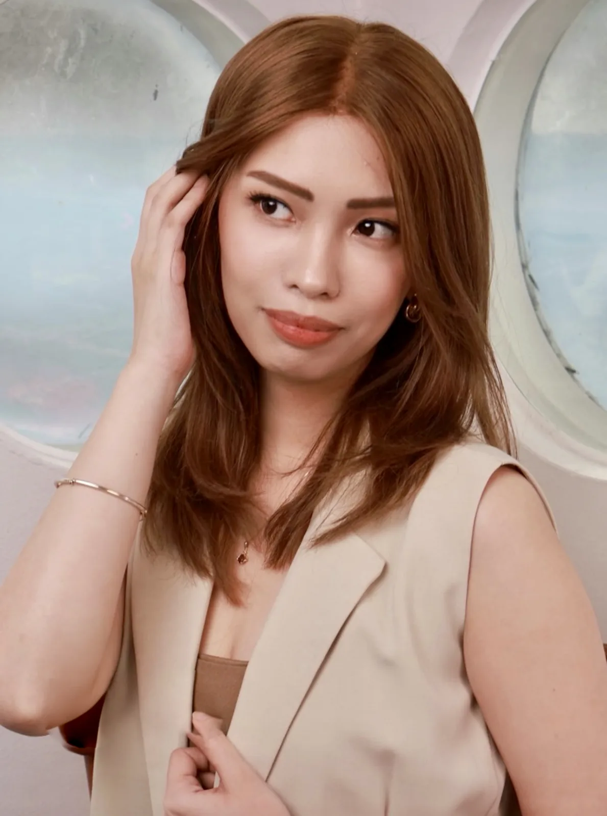 Natural portrait in a copper shoulder-length human-hair wig
