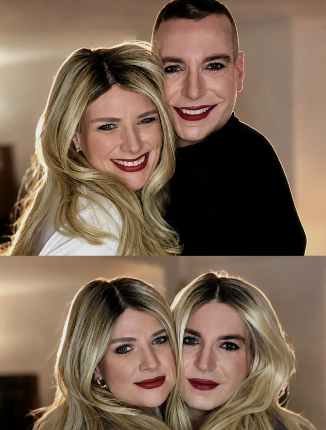 Before and after: a HEADS guest first with short hair, then in a long blonde wig, next to a friend