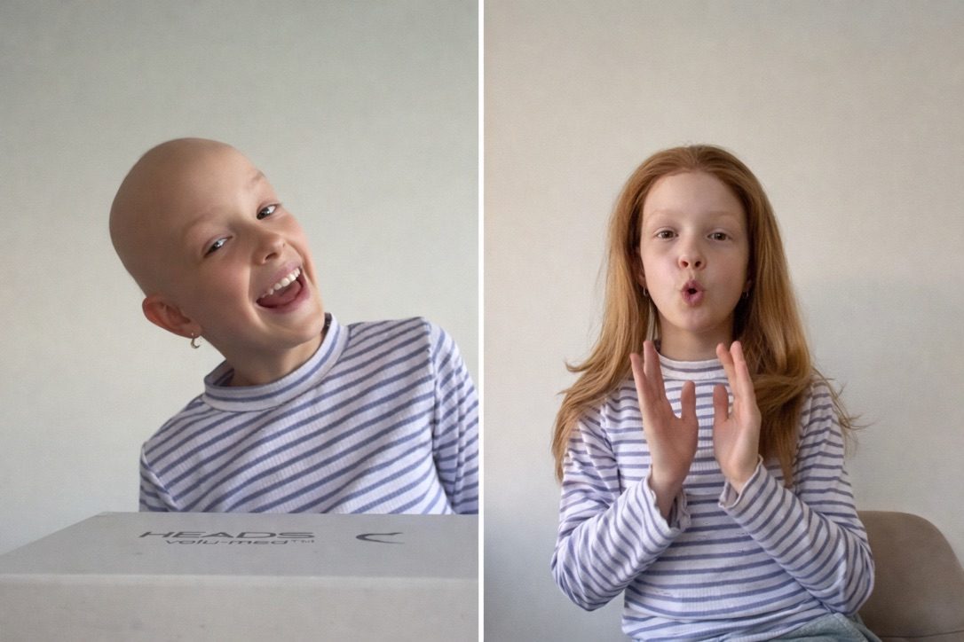 Child before and with her custom HEADS kids wig, laughing